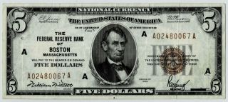 Fr.  1850 A $5 1929 Federal Reserve Bank Note Boston