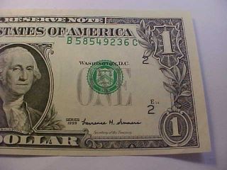 1999 $1 Federal Reserve Note Misaligned Serial Number & Seal Crisp Cu Error Note