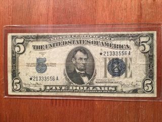 1934 D $5 Silver Certificate Star Note Five Dollar Blue Seal Currency