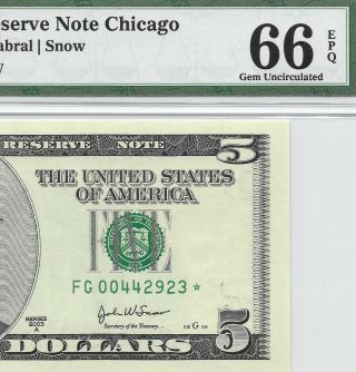 2003a $5 Chicago Star ⭐️ Frn,  Pmg Gem Uncirculated 66 Epq Banknote