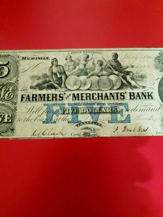 1854 $5 The Farmers And Merchants Bank Memphis Tennessee Rarer Blue Overprint