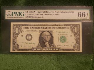 1963 - A Federal Reserve Note Minneapolis 1901 - I Ia Block Gem Unc Pmg 66 Epq $1