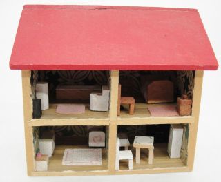 Dollhouse Miniature Wooden Toy Dollhouse with Four Rooms and Attached Furniture 2