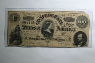 1864 Confederate States Of America $100 Note Csa