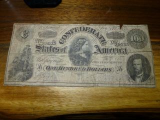 1864 $100 One Hundred Dollar Confederate States Of America Bank Note
