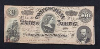 Confederate States Of America $100 Bill,  Fine - Very Fine Cond.  Type 65