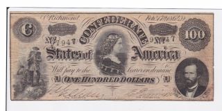 1864 Confederate States Of America $100 Note T - 65