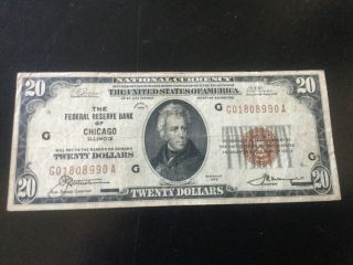 1929 $20 Brown Seal Chicago Old Us National Currency