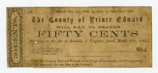 1862 50c The County Of Prince Edward - Farmville,  Virginia Note Civil War Era