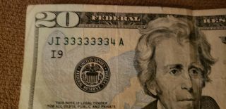 Fancy Serial Number Solid 7 Of A Kind Numerical 33333334 2009 20 Dollar Bill
