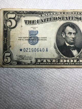 1934 5$ Silver Certificate Star Note Five Dollar Blue Seal Currency
