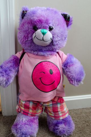 Build A Bear Purple Tye Dye Peace Kitty Cat W Smiley Face Shirt Shorts Backpack