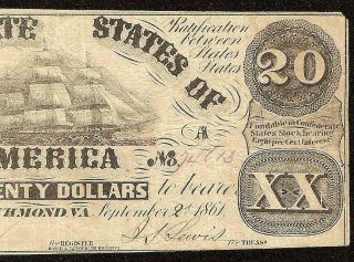 1861 $20 DOLLAR CONFEDERATE STATES CURRENCY CIVIL WAR NOTE OLD PAPER MONEY T - 18 2