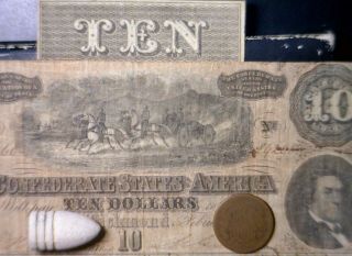 1864 Confederate $10 Currency Note,  Civil War Bullet,  1865 Two Cent 2c Coin Nr