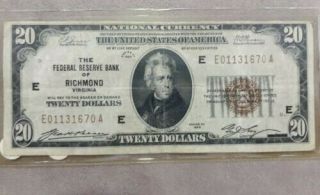 1929 Twenty Dollar $20 National Currency Bank Note Richmond Virginia Brown Seal