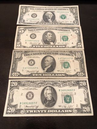 1974 Us Federal Reserve Notes $1,  $5,  $10 & $20 Bills Set