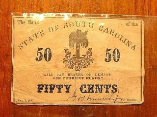 Antique 1863 State Of South Carolina 50 Cent Bank Note Currency