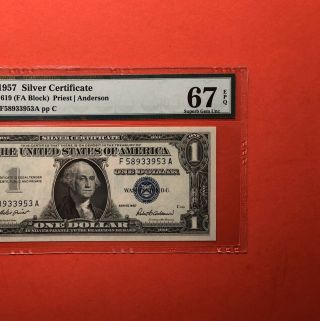 1957 - $1 Silver Certificate Note,  Graded By Pmg Gem Uncirculated 67 Epq.