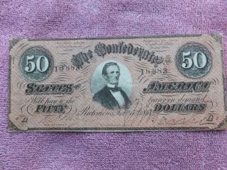 1864 $50 T - 66 Confederate Currency Csa Civil War Note Circulated