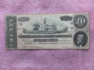 1864 $20 T - 67 Confederate Currency Csa Civil War Note Circulated