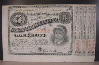 1886 State Of Louisiana 5 Dollar " Baby Bond " U.  S.