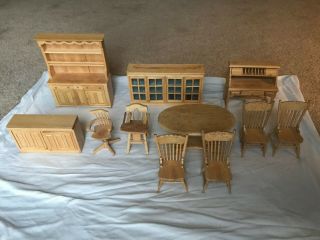 Dollhouse Miniatures Kitchen Dining Room Set 1:12 Oak Wood Table Chair Cabinet