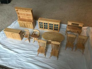 Dollhouse Miniatures Kitchen Dining Room Set 1:12 Oak Wood Table Chair Cabinet 2