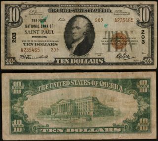 1929 $10 National Bank Note Type 2 - First National Bank Of Saint Paul Ch 203 -
