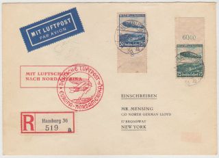Germany Dr 1936 (3.  5. ) Reg.  Zeppelin Cover Hamburg To U.  S.  A.  Lz 129 Sieger 406 D