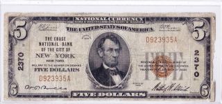 $5 1929 T1 Chase National York Ny Circulated Note