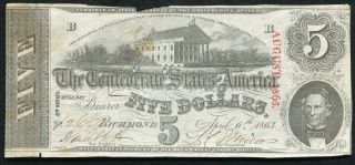 T - 60 1863 $5 Five Dollars Csa Confederate States Of America