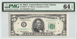 United States 1963a Fr.  1968 - F Pmg Choice Unc 64 Epq 5 Dollars Frn Atlanta Star