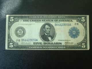 1914 $5 Large Federal Reserve Five Dollar Note Bank York 2 - B Blue Seal
