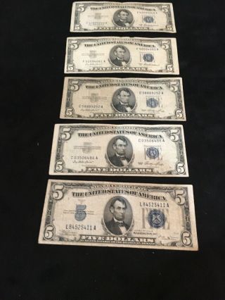5 Five Dollar Silver Certificates 1934 & 1953’s - Circulated (2)
