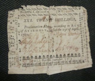 North Carolina Colonial Currency April 23rd 1761 Twenty Shillings