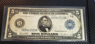 1914 $5 Large Federal Reserve Five Dollar Note Bank Chicago Blue Seal G53447026b