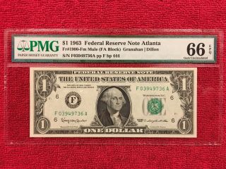 Fr.  1900 - Fm Mule 1963 1 Dollar Federal Reserve Note (atlanta) Pmg 66epq