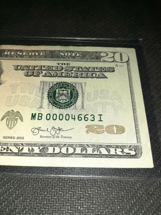Low Serial Number Twenty Dollar Bill ($20) Collectible Us Currencymb 0000 4663 I