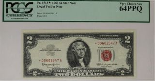 1963 $2 Legal Tender Star Note Red Seal Pcgs Cert 64 Ppq Very Choice (547a)