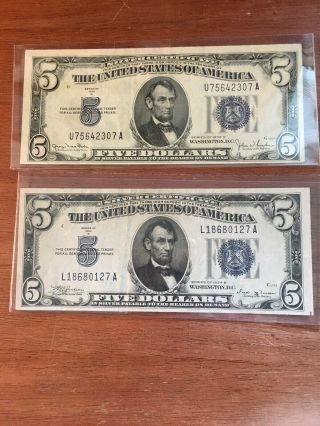 2 Crisp 1934 $5 Five Dollar Silver Certificate Notes 1 - 1934b & 1 - 1934d