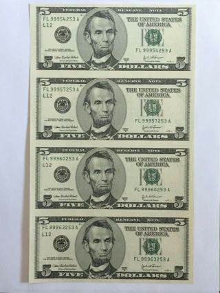 2003 A Us $5 Five Dollar Uncut Sheet Of 4 Federal Reserve Bank Notes
