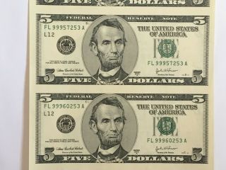 2003 A US $5 Five Dollar Uncut Sheet of 4 Federal Reserve Bank Notes 2