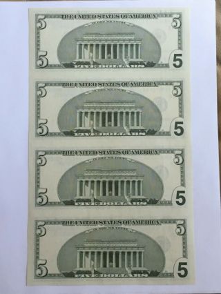 2003 A US $5 Five Dollar Uncut Sheet of 4 Federal Reserve Bank Notes 3