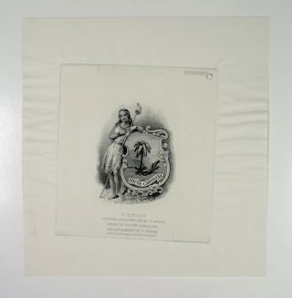 Abn Proof Vignette " Arms Of South Carolina " 1890 - 1920s Intaglio Cu Black Abnc