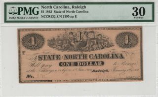 $1 State Of North Carolina Raleigh Obsolete Bank Note Currency 1863 Pmg Vf 30
