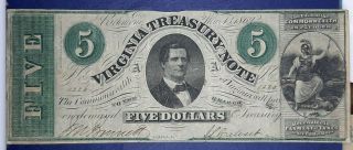 $5 1862 Richmond Virginia Treasury Note Great Civil War Era Note