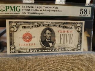 $5 1928 C - Legal Tender Note - Fr 1528 - Fa Block Pmg 58 Epq 16