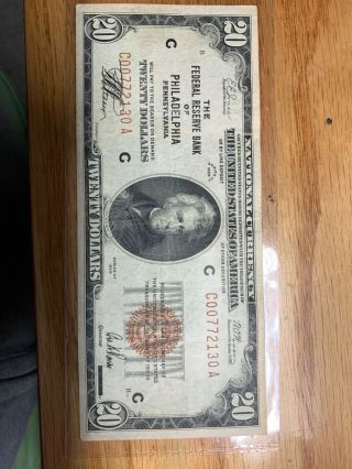 1929 $20 Dollar Federal Reserve Bank Note,  Philadelphia Pennsylvania
