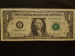 2013 Low Serial Number $1 One Dollar Star Note Bill Serial E00000265