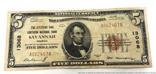 1929 $5 Citizens Southern National Bank Note Brown Seal 13068 Savannah Georgia